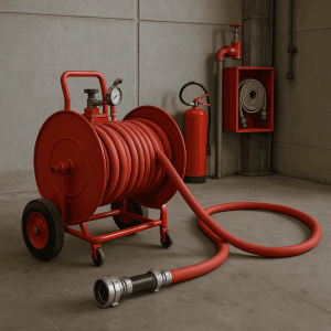 تجهیزات اطفای حریق شامل شلنگ آتش‌نشانی، کپسول آتش‌نشانی و جعبه شیر و هوزریل در یک پروژه ساختمانی