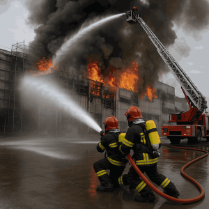 عملیات اطفای حریق توسط تیم آتش‌نشانی در یک پروژه صنعتی بزرگ با استفاده از شلنگ و نردبان هیدرولیکی