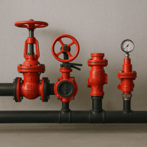 شیرآلات تخصصی سیستم اطفای حریق شامل شیر فلکه OS&Y، شیر پروانه‌ای، شیر یک‌طرفه و شیر فشارشکن برای کنترل جریان آب