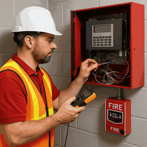 کارشناس ایمنی در حال تعمیر و نگهداری پنل اعلام حریق با استفاده از مولتی‌متر و ابزار فنی