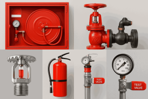 اجزای نیازمند سرویس در سیستم اطفا حریق شامل جعبه و قرقره شیلنگ، شیرآلات کنترلی، اسپرینکلر، خاموش‌کننده دستی، فلو سوئیچ و شیر تست و تخلیه