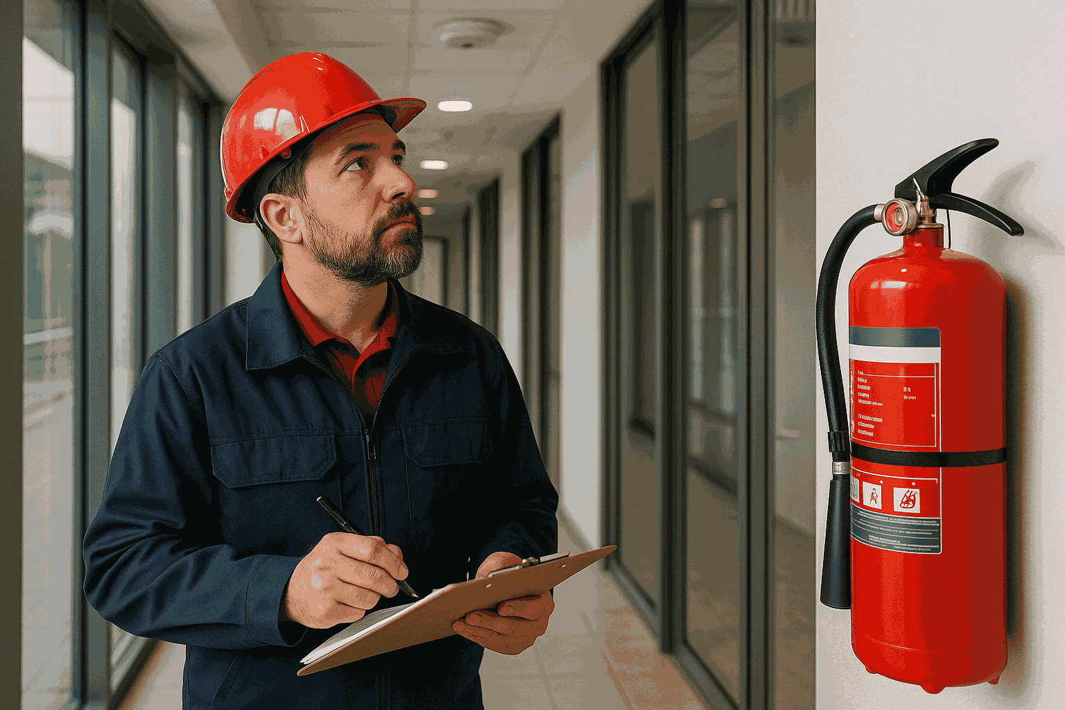 کارشناس آتش‌نشانی در حال بازرسی ساختمان برای اخذ تاییدیه ایمنی، بررسی دتکتور دود و کپسول آتش‌نشانی با کلیپ‌بورد در دست