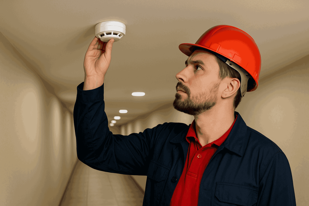 اخذ تاییدیه آتشنشانی 11 بازرس ایمنی آتشنشانی با کلاه ایمنی قرمز در حال بررسی و تست دتکتور دود ساختمان جهت دریافت تاییدیه آتشنشانی